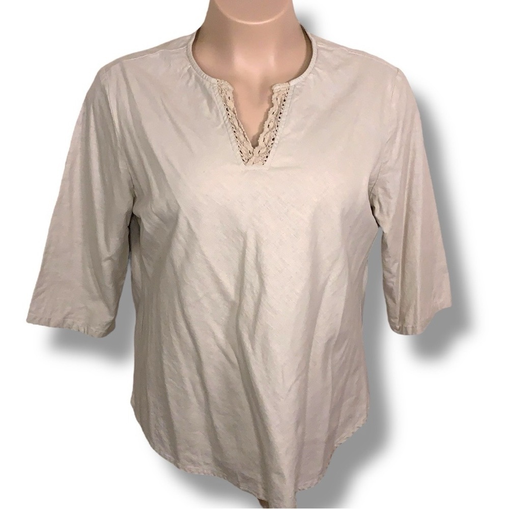 XL Analogy Linen Blend Top Beige Lightweight Boho Lace Trim Embroidered Hippie